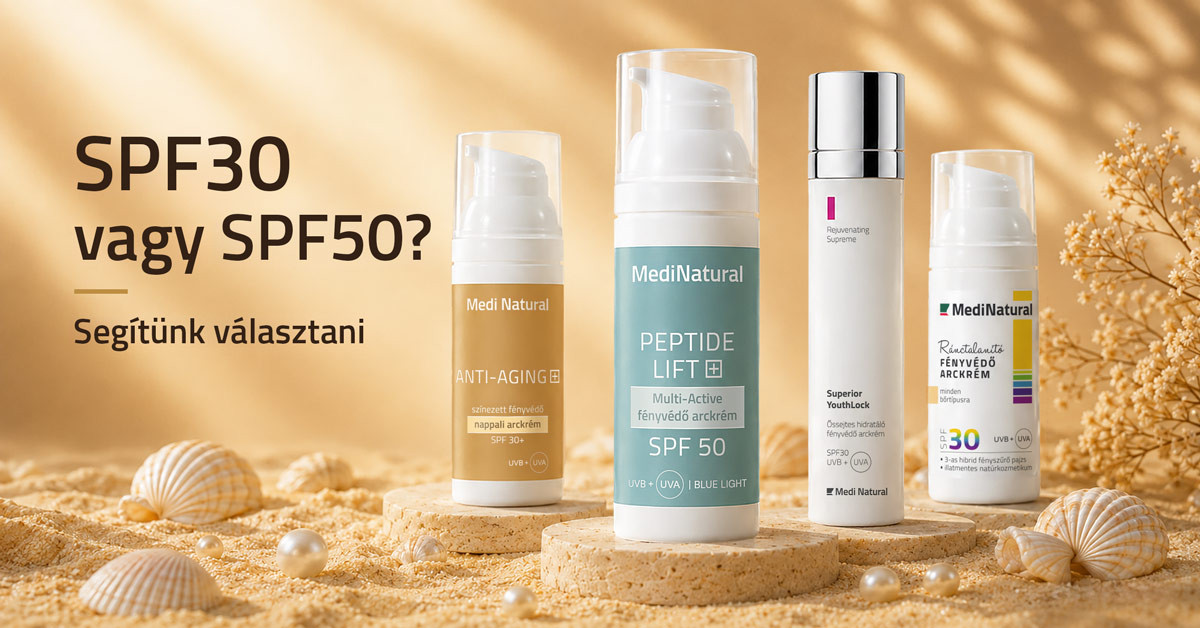MediNatural fényvédő arckrém választó SPF30 és SPF50 fényvédőkkel nyári arcápolási rutinhoz