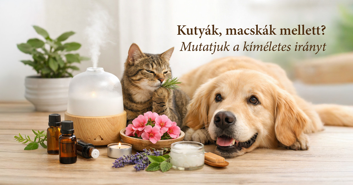 Kutya és macska nyugodt otthoni környezetben, diffúzor mellett – illóolajok és háziállatok, tudatos használat.