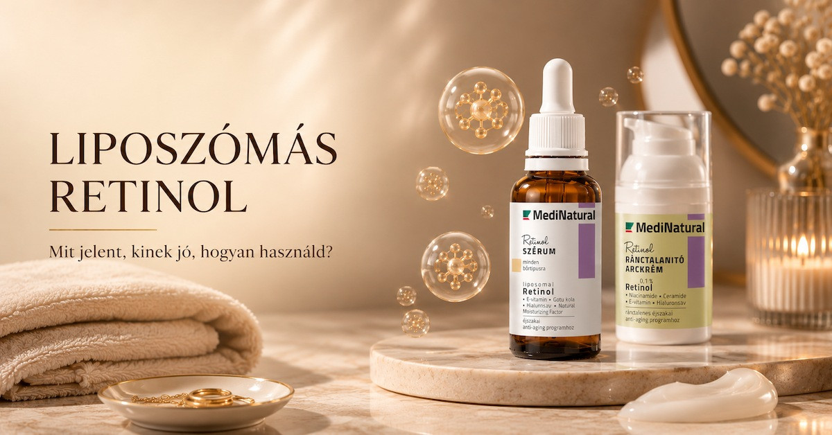 Liposzómás retinol szérum esti anti-aging bőrápolási rutinban MediNatural termékkel