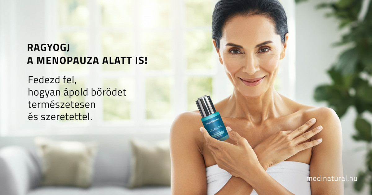 Menopauza és bőrápolás: Természetes megoldások hormonális változásokra, egy érett nő mosolyogva tart egy bőrápolási terméket.