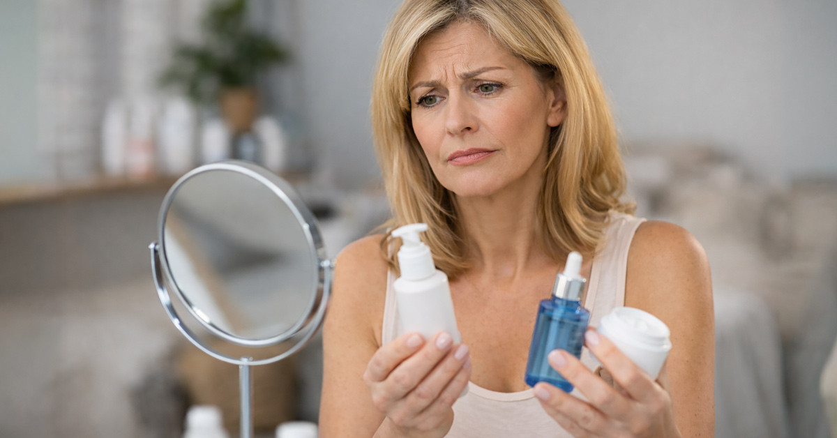 Középkorú nő arcbőre természetes fényben, anti-aging bőrápolás témájú edukatív blogillusztráció