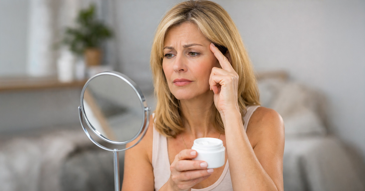 Középkorú nő arcbőre természetes fényben, anti-aging bőrápolás témájú edukatív blogillusztráció