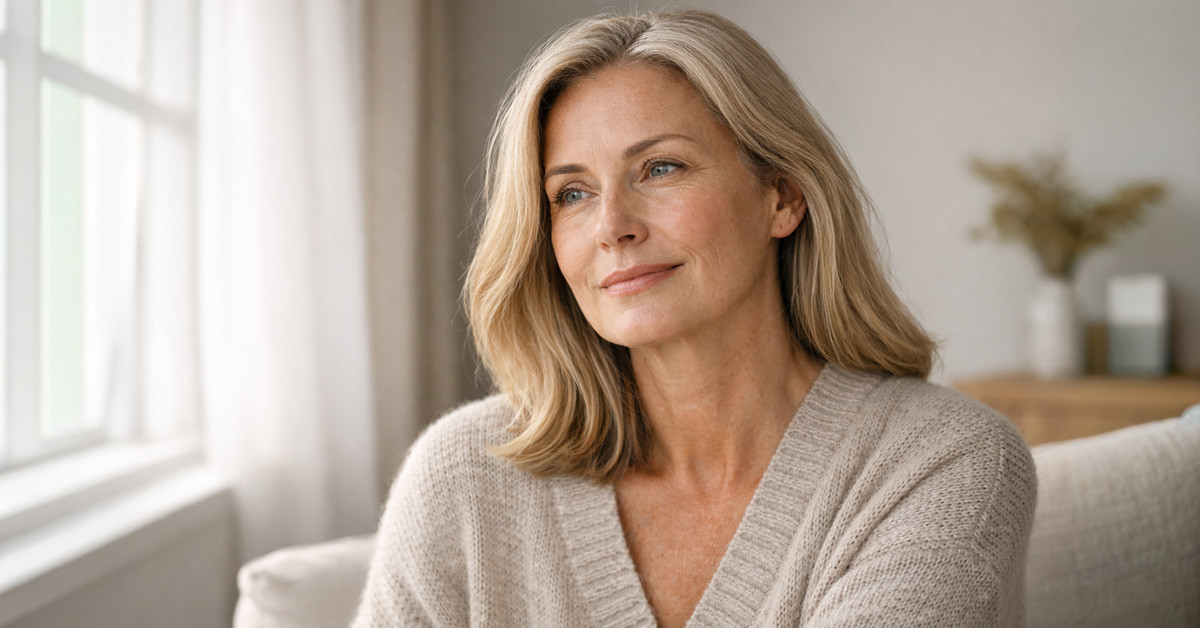 50–60 éves nő természetes bőrtextúrával, komfortos hangulatban – bőrbarrier támogatás 