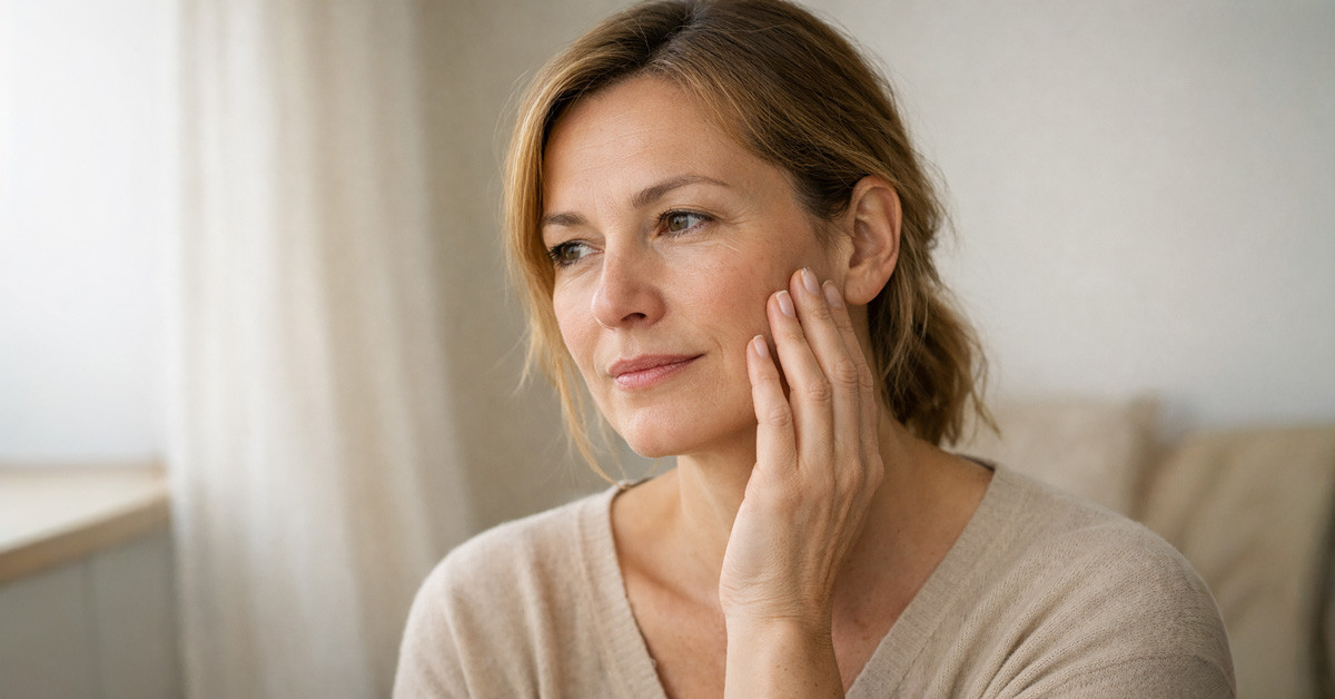 40–50 éves nő finoman az arcához ér, természetes fényben – dehidratált bőr 40 felett