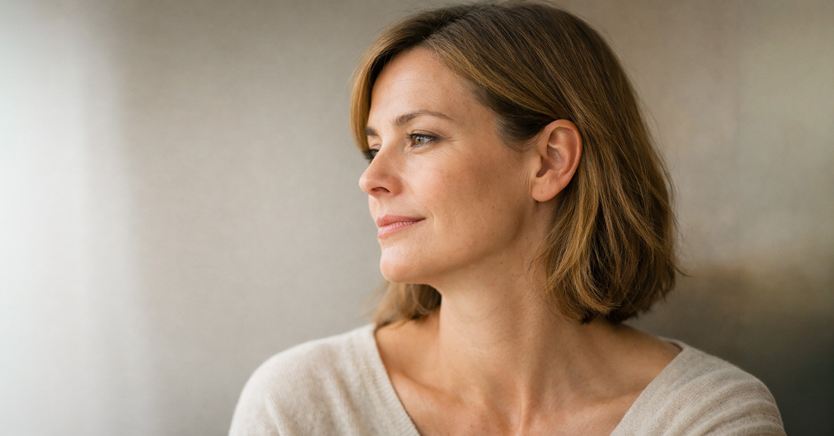 40–50 éves nő természetes bőrtextúrával, nyak-vonal finoman látszik – feszességvesztés 35–45 felett 