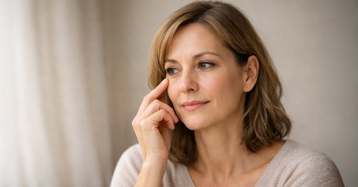 45–55 éves nő természetes szem alatti árnyékkal, natúr fényben – karikás szem pihenés mellett is 