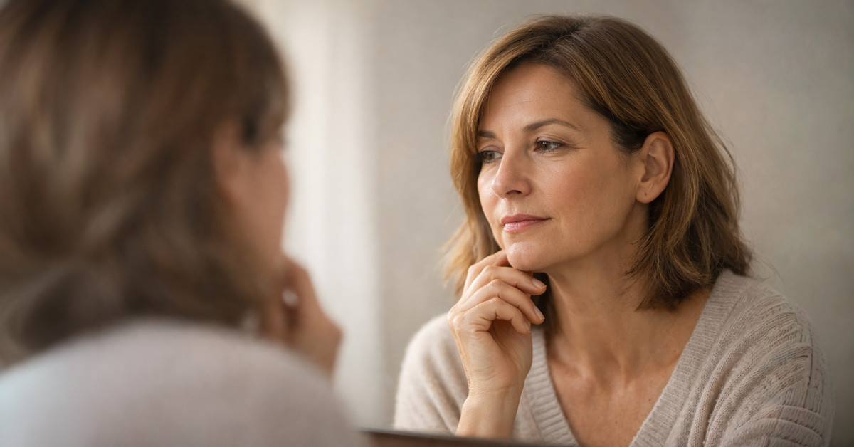 45–55 éves nő elgondolkodó tekintettel, natúr fényben – kollagéncsökkenés mikor kezdődik 