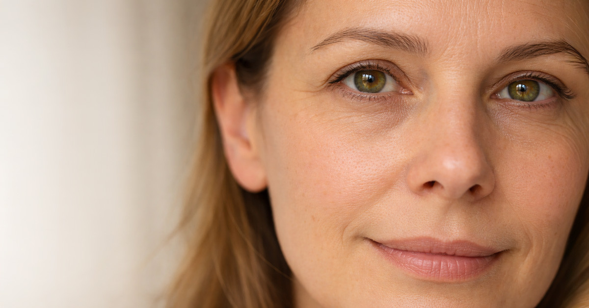 45–55 éves nő nyugodt, bizalmi arckifejezéssel – peptidek és karikás szem, reális elvárások 