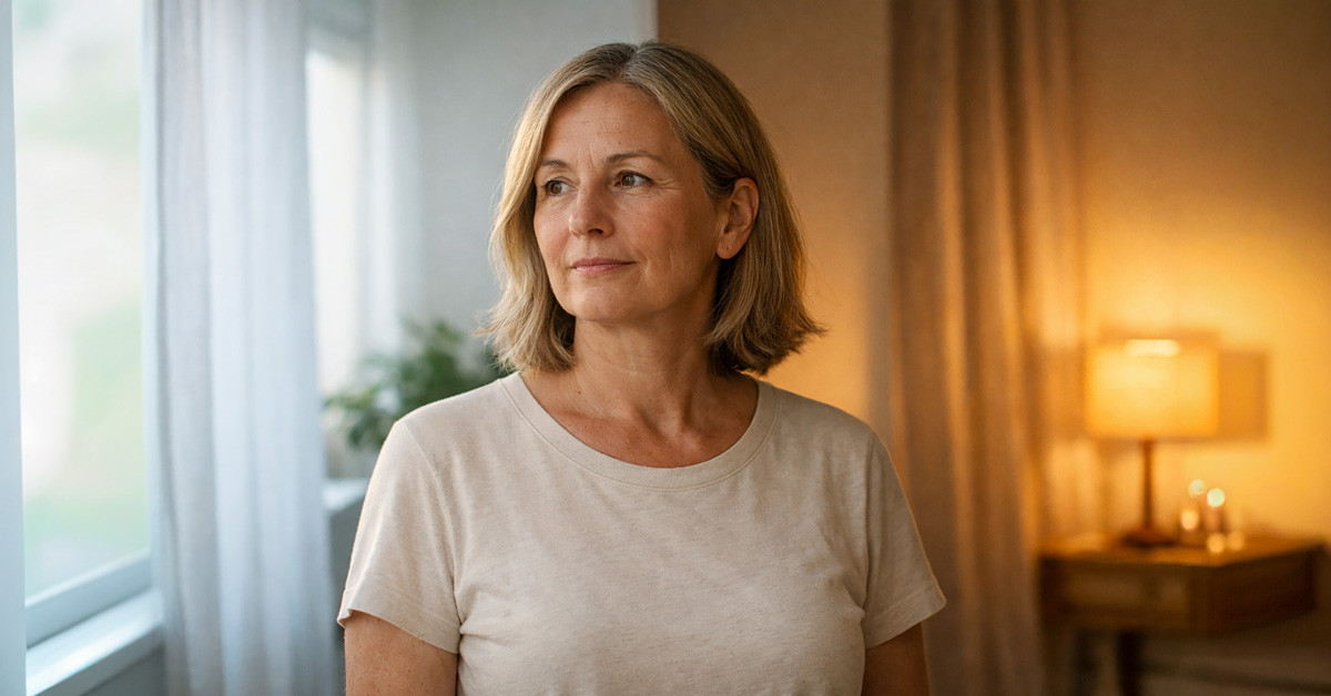 45–55 éves nő reggeli natúr fényben – reggeli vs esti arcápolási rutin 