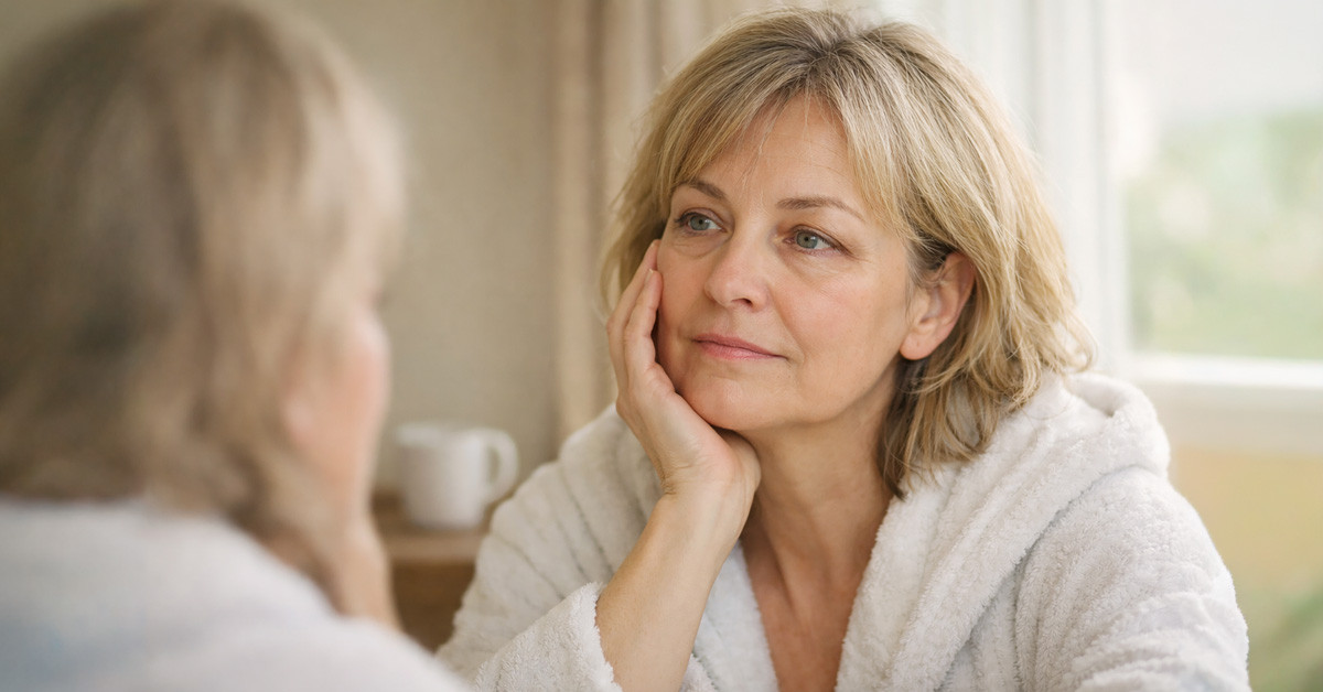 50–60 éves nő természetes szemkörnyék textúrával – karikás, táskás, duzzadt szemek okai 