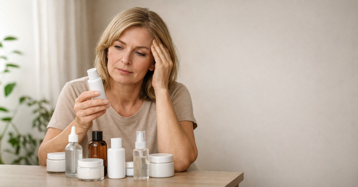 45–55 éves nő enyhén túlterhelt, mégis nyugodt arckifejezéssel – túl sok kozmetikum miért nem működik 