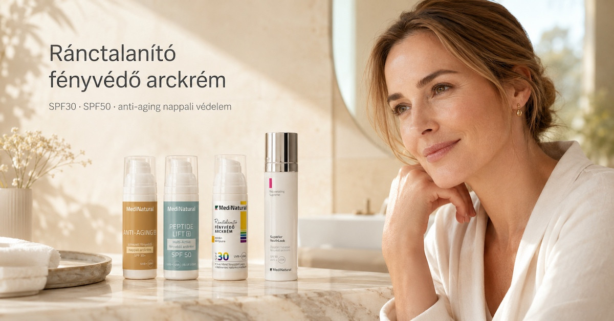 Ránctalanító fényvédő arckrém SPF30 és SPF50 anti-aging nappali védelem MediNatural fényvédő választék
