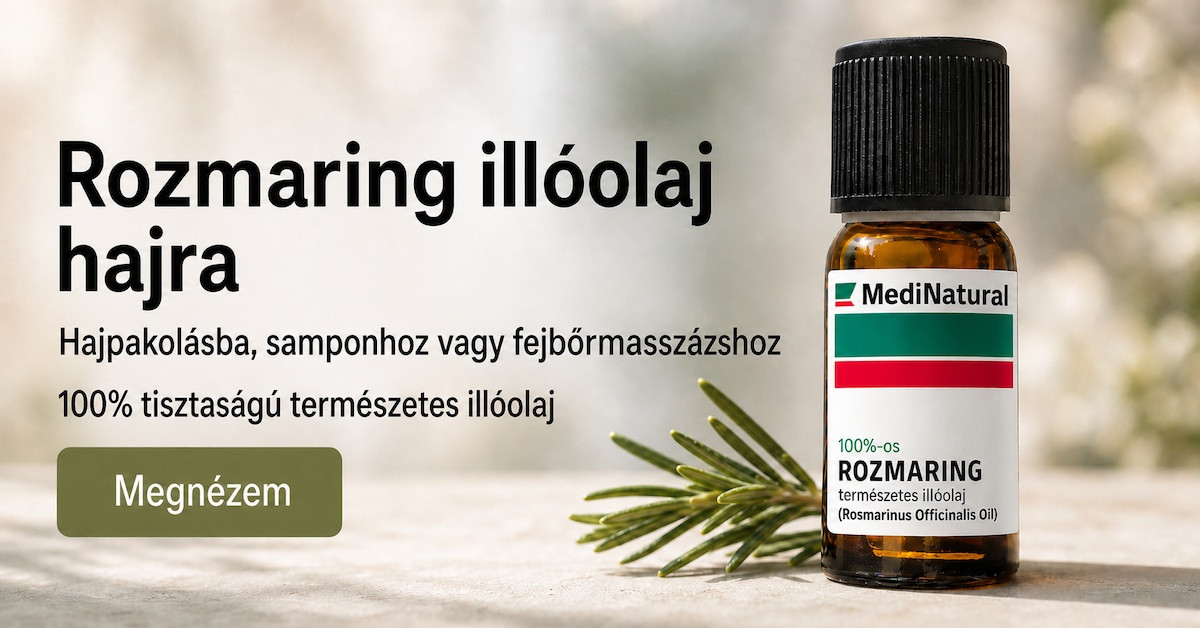 MediNatural rozmaring illóolaj hajápoláshoz, fejbőrmasszázshoz és természetes hajápolási rutinhoz
