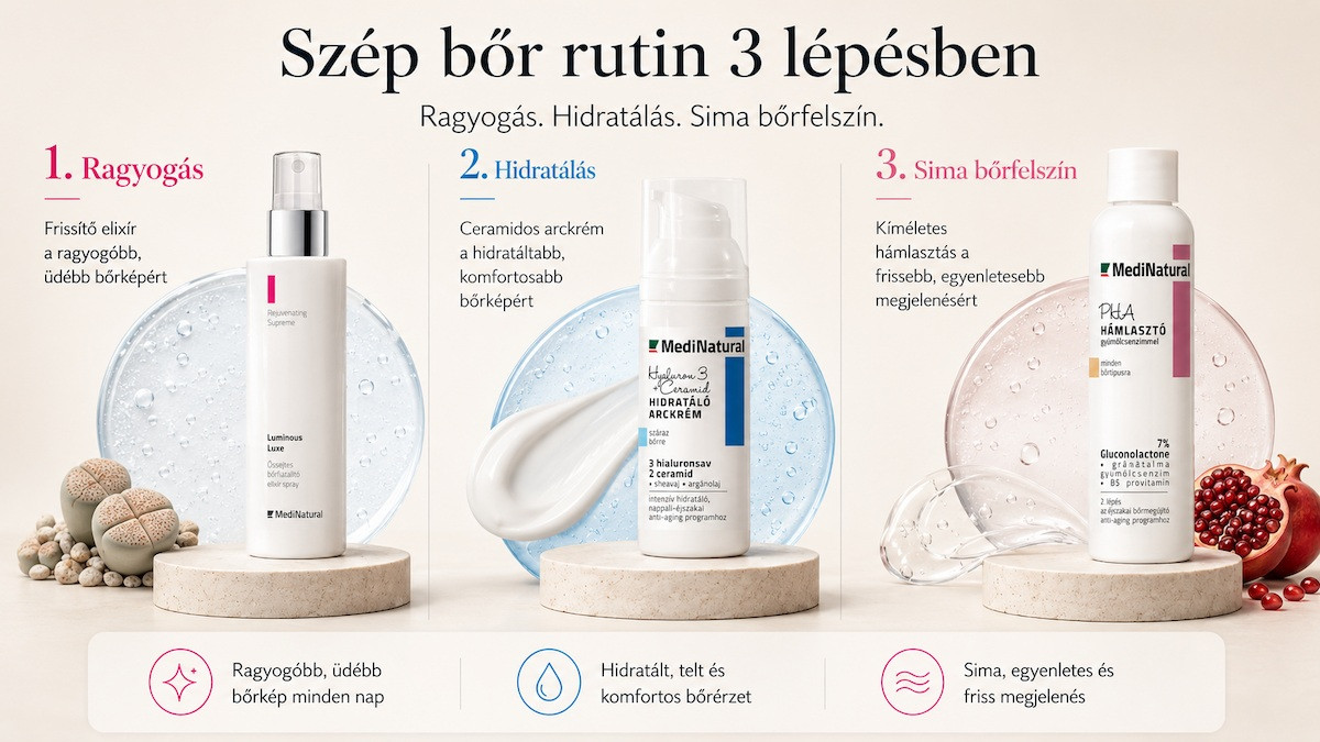 Szép bőr rutin 3 lépésben Luminous Luxe Hyaluron 3 Ceramid és PHA hámlasztó MediNatural arcápolókkal