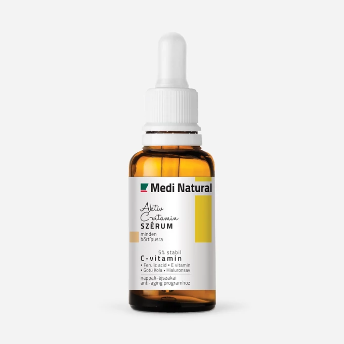 Medi Natural Aktív C-vitamin szérum pipettás barna üvegben, világos háttéren