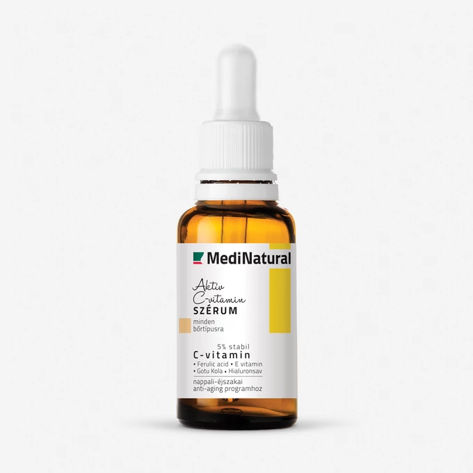 Medi Natural Aktív C-vitamin szérum pipettás barna üvegben, világos háttéren