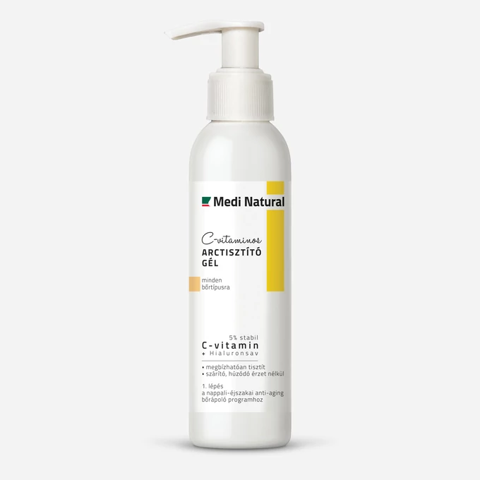MediNatural C-vitaminos arctisztító gél pumpás kiszerelésben, világos háttéren