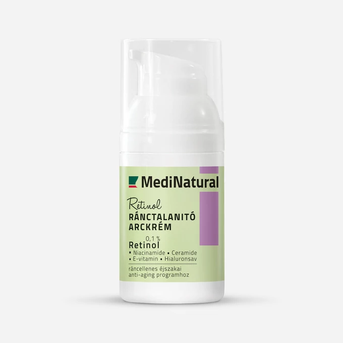 MediNatural Retinol ránctalanító arckrém pumpás flakonban, 0,1% retinollal, éjszakai anti-aging arckrém