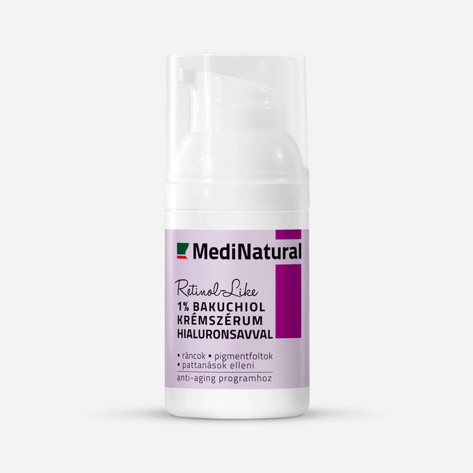 MediNatural Retinol-Like 1% Bakuchiol krémszérum hialuronsavval, pumpás flakon letisztult termékfotón